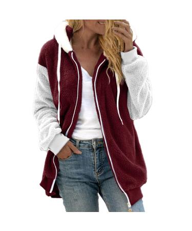 Hanxiulin fleece jacket plush jacket cuddly jacket ladies hoodie hooded sweater windproof coat thick quilted jacket light quilted jacket ladies coat elegant with hooded plush jacket l wine