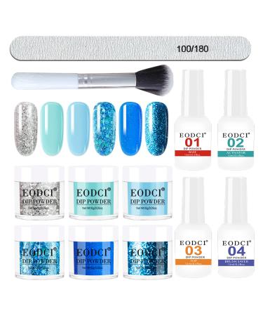 Eodci 12 Pcs Dip Powder Nail Kit Starter  6 Colors Glitter Blue White Snow Dipping Powder Kit with Base & Top Coat/Activator/Brush Saver  Nail Art Manicure Salon DIY for Daily at Home Party Gifts for Women