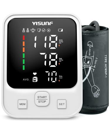 YISUNF blood pressure monitor upper arm fully automatic digital and pulse knife detector with arrhythmia detection large LED display 22-42 cm cuff 2x90 dual user (white)