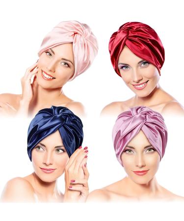 4 Pieces Silk Sleep Cap Sleep Silk Night Bonnet Sleep Hat Headwear on Both Sides Classic Pleated for Women (Chic Colors)
