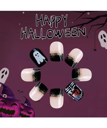 Halloween Press on Nails | Short Square Black French Fake Nails with Ghost & Pumpkin Designs | 24 Pcs Full Cover Acrylic Nails for Women & Girls - Buy Online on GoSupps.com