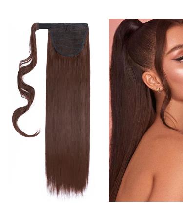 23" Long Straight Wrap Around Ponytail Clip in Hair Extensions One Piece Hairpiece Magic Tape in Pony Tail Extension for Women Dark Auburn