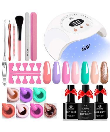 Gel Nail Polish Kit with UV Light Starter Kit, Gel Nail Polish Set with 1 Glitter Gel Nail Polish 6 Nude Colors, Gel Manicure Kit Professional with 48W LED Nail Lamp Base Coat and Top Coat for Women Beginners Pink