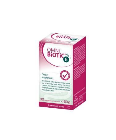 OMNi BiOTiC 6 | Glass | 30 portions (60g) | 6 Bacterial strains | 4 Billion Bacteria per Daily dose | Powder | with Inulin | Vegan | Gluten-Free | Lactose-Free | for Daily use