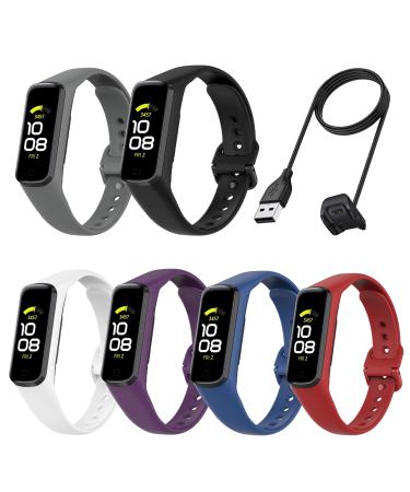 6 PACK Bands & CHARGER Compatible with Samsung Galaxy Fit 2 Band for Women Men, Soft Silicone Replacement Straps Wristbands Accessories for Samsung Galaxy Fit2 6 PACK WITH CHARGER