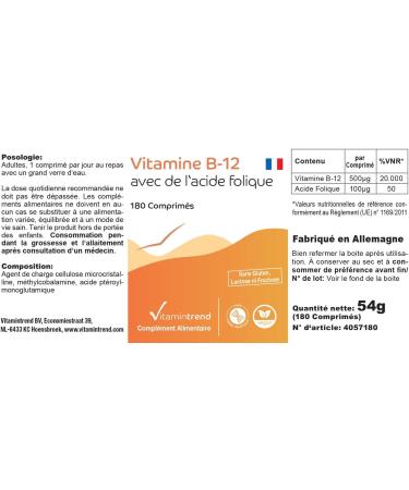 Vitamin B12 with Folic Acid 500 g Vitamin B12 & 100 g Folic Acid - Vegan -! FOR 6 MONTHS! High dosed - Box of 180 tablets - Buy Online on GoSupps.com