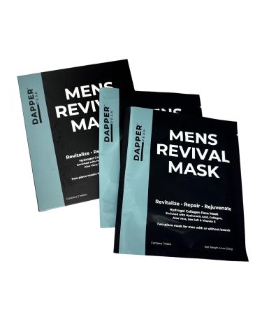 Mens Revival Mask. 2pc Hydrating Hydrogel Face Mask Hydrolyzed Marine Collagen Vitamin E Hyaluronic Acid Aloe Oversized Beard Friendly Skin Firming fragrance Free 2 Mask Box.