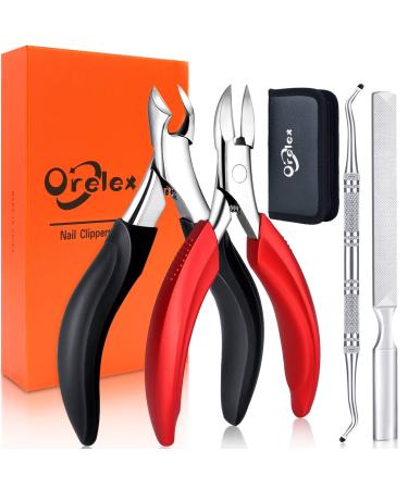 Orelex nail scissors for thick and deeply ingrown toenails professional stainless steel pedicure nail clipper ergonomic comfort long handle manicure clipper 4 pieces set footnail pliers - with gift box red black
