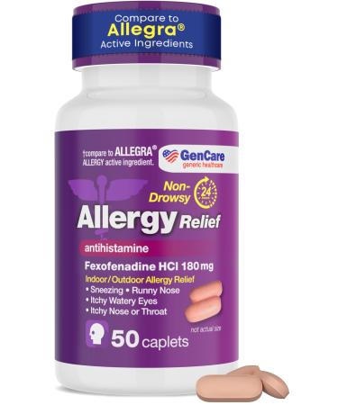 GenCare - Allergy Relief Pills | Fexofenadine HCl 180mg 50 Tablets | Non Drowsy Antihistamine Allergy Pills for Hay Fever Seasonal Allergies Outdoor & Indoor Allergies | Relieves Itchy Eyes & Nose 50 Count (Pack of 1)