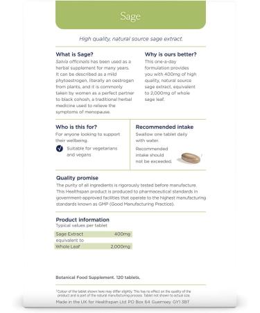 Healthspan Sage 2000mg (120 Tablets) for Menopause Relief | Women's Health Supplement with Natural Sage Extract | Vegan-Friendly - Buy Online on GoSupps.com