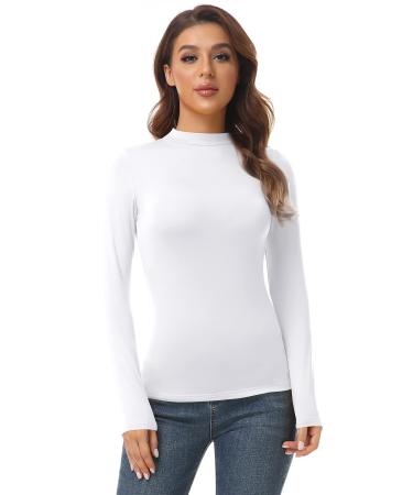 AUHEGN Women's Mock Turtleneck Tops Casual Slim Fitted Long Sleeve Base Layer Shirts Small White