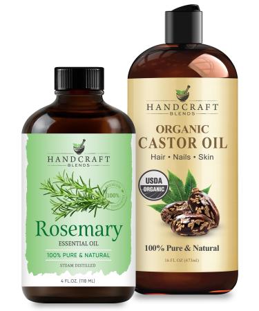 Handcraft Blends Ultimate Hair Care Set: Organic Castor Oil (16 Fl Oz) and Rosemary Essential Oil (4 Fl Oz) 100% Pure & Natural for Thicker Looking Hair Scalp and Brows