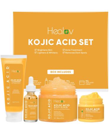 Kojic Acid Skincare Set Kojic Soap Cleanser Exfoliating Body Scrub Face Cream & Brightening Facial Serum Skin Brightening Hyperpigmentation Treatment Dark Spot Corrector with Turmeric Papaya