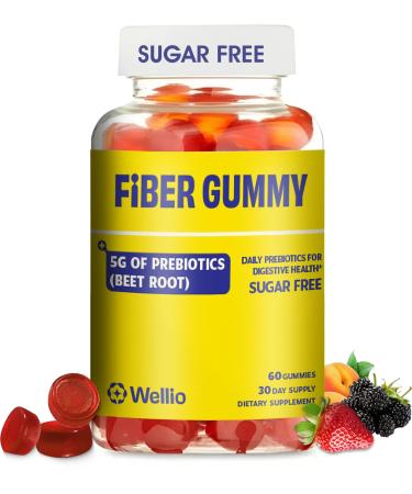 Wellio Fiber Gummies for Adults Sugar Free Prebiotic Fiber Supplement with FOS GLP-1 & Digestive Support 5g Natural Fiber per Serving Non-Stick Fruit Flavor 60 Count Made in USA