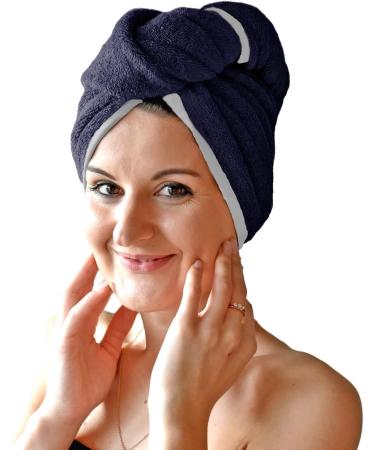 Homelevel 2x Terry Hair Turban with Button - Quick Drying 100% Cotton Head Towel - Dark Blue & Light Gray Hair Towels - 2 Pack for Effortless Styling - Buy Online on GoSupps.com