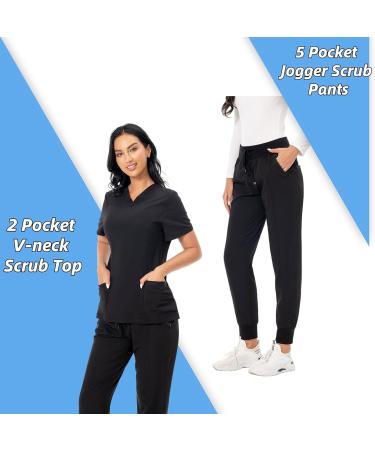 PuriPure Women's Classic V-Neck Scrub Set - Black, Size Medium | Nurse Scrub Set with 7 Pockets and Jogger Pants - Buy Online on GoSupps.com