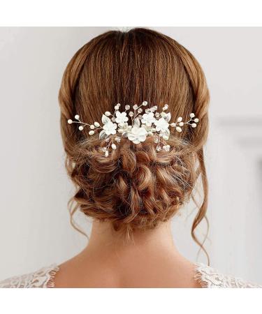 Flower Bridal Hair Vine Pieces with Comb Pearl Floral Rhinestone Leaf White Wedding Hair Pin Accessories for Women and Girls (White Flower Silver Leaf)