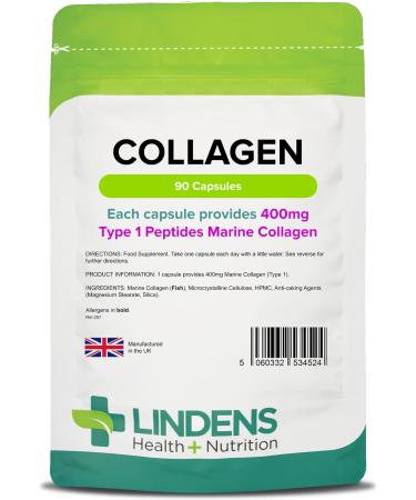 Lindens - Collagen 400mg - 90 Capsules - One-A-Day - UK Made - Marine Source Hydrolysed Collagen - Supports Bones Cartilage Ligaments Tendons and Connective Tissues - Letterbox Friendly