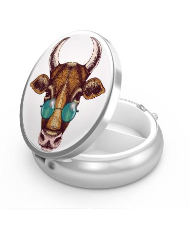 Pill dose with 3 compartments portable pill box for the bag or handbag pill box decorative metal-medicine vitamin organizer unique gift (cow with sunglasses) 58-cow Sunglasses 1 Piece