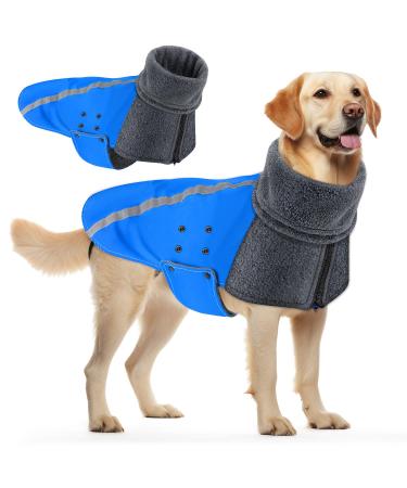 Slowton winter dog coat warm polar trap lining dogs outdoor jacket with turtleneck scarf reflecting stripes adjustable waterproof windproof outfits for small medium -sized dogs xl blue