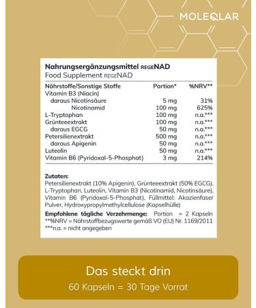  MoleQlar MoleQlar NAD Booster 60 Capsules - Dietary Supplement with Nicotinamide D-Ribose Apigenin Luteolin L-Tryptophan - NAD Rege - Buy Online on GoSupps.com