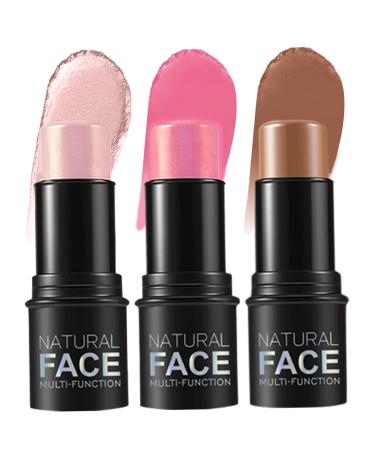 Contour Stick 3Pcs Set 3 Colors Waterproof Long Lasting Blush Stick Natural Finish Multipurpose Highlighter Makeup Stick for Cheeks Lips All Skin Highlighters