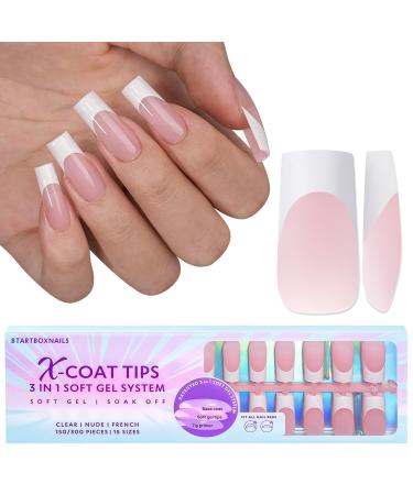 Bartbox French press on nails long square soft gel nail tip full cover nageltip French xcoattip french artificial fake nails with pre-applied tip primer & base coat cover pink 1 ml (1 Pack) Long Square-Rosa