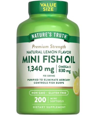 Nature's Truth Fish Oil Omega 3 | 1340 mg | 200 Mini Softgels | Burpless Lemon Flavor Pills | Non-GMO & Gluten Free Supplement