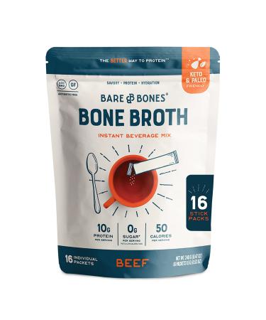 Bare Bones Bone Broth Instant Powdered Beverage Mix, Beef, Pack of 16, 15g Sticks, 10g Protein, Keto & Paleo Friendly Beef 15 Gram (Pack of 16)