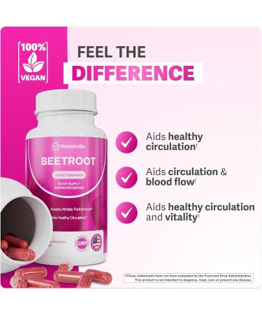 Rosabella Organic Beet Root Capsules - 1300mg Beet Root Powder Aids Healthy Circulation & Vitality Non-GMO Beet Root Supplement - 60 Capsules 30-Day Supply 60 Count (Pack of 1) - Buy Online on GoSupps.com