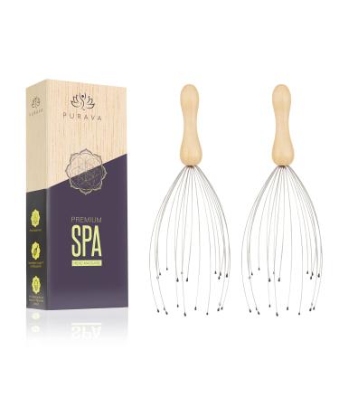 PURAVA (Original) Head Massager with Improved Design - Head Scratcher with 20 Fingers for Relaxation and Scalp Stimulation - Manual Scalp Massager Perfect as a Gift - Wooden Handle - Pack of 2 Pack of 2 Silver + Wood