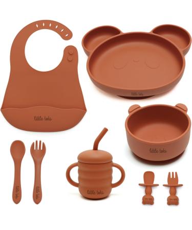Baby Weaning Set by Little Tots | Silicone Suction Plate Suction Bowl Weaning Bib Sippy Cup + Straw Toddler Spoon + Fork Baby Spoon + Fork Baby Cutlery | 8 Piece Baby Feeding Set | Apricot Apricot Orange