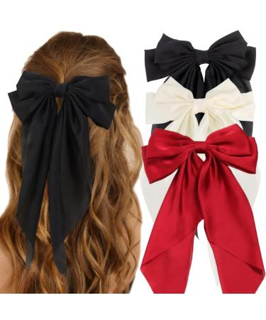 3 PCS Big Bow Hair Clips Large Bowknot Hairpin French Hair Clips with Long Silky Satin Ribbon Solid Color Hair Barrettes Accessories for Women Girls (Red+Black+White)