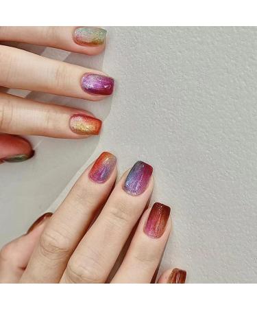 Square Press on Nails Short Ombre Fake Nails Colorful Acrylic False Nails with Designs Rainbow Gradation Doodle Art Artificial Nails Glossy Stick on Nails Gel Glue on Nails for Women Girlis 30Pcs Style16