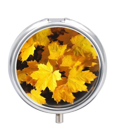 Pill Box Pill Case 3 Compartment Travel Pill Box Yellow Maple Leaves Printing Small Pill Box Portable Medicine Pill Case Pill Organizer for Purse & Pocket for Travel Handbag (Round)