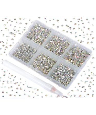 Bymitel 7200 Pieces 6 Mixed Sizes Glue Fix on  Glass Rhinestones Round Crystal Gems Flatback for DIY Jewelry Making with one Picking Pen (6-Sizes 7200PCS, Crystal AB) 6-SIZES 7200PCS Crystal AB