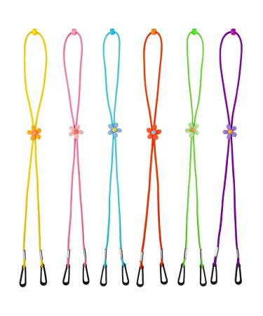 6-Color Pack 13" Long Round Nylon Elastic Adjustable Length Face Mask Ear Loop Extender Lanyard Holders, Snap-On Clip Hook Flower Sliding Cord Lock Neck Hanger Retainer Pressure Relief Adult Kid Size