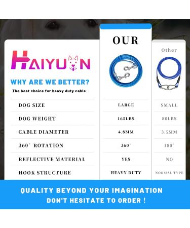 Haiyuan Dog Tie Out Cable - 10/15/20/25/30 ft Steel Wire Runner for Large Dogs Up to 165 lbs - Durable Blue Dog Lead with Superior Clips for Yard & Outdoor Use - Buy Online on GoSupps.com