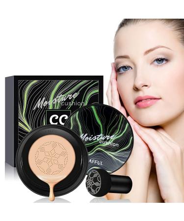 Mushroom Head Foundation Air Cushion CC Cream BB Cream Moisturizing Concealer Bright Makeup Base Long Lasting with Mushroom Makeup Sponge Easy to Apply (Natural)