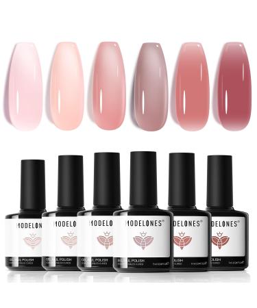 Modelones Jelly Gel Nail Polish 6 Colors Nude Gel Polish Milky White Pink Red Gel Neutral Nail Art Design Translucent Gel Nail Kits Soak Off LED Nail Gel Manicure DIY Salon Jelly Pink Red