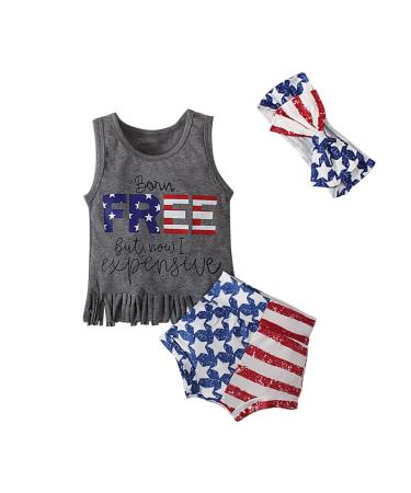Binmer Toddler Baby Girl 4th of July Outfit Sleeveless Funny Letter Print Tops +American Flag Shorts + Hairband Sets Clothes Gray 18-24Months