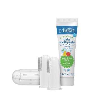Dr. Brown's Silicone Finger Baby Toothbrush Kit, Two Finger Brushes, Travel Storage Case and Baby Toothpaste, Apple Pear Flavor Toddlers & Kids Love, Fluoride Free, Made in the USA, 0-3 Years, 1.4oz Finger Toothbrush & Apple Pear Toothpaste 2 Piece Set