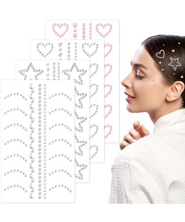OIIKI 4 Sheets Star Face Gems Stickers Heart Moon Star Face Eye Rhinestones Makeup Stickers Women Makeup Jewels for Face Nose Body Rave Accessories for Parties Festival Daily Use