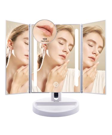Auxmir Vanity Makeup Mirror with Natural LED Lights 1x/10x Trifold Magnifying Mirror Dual Power Cosmetic Mirror with Touch Screen 180 Brightness Adjustable Lighted Dressing Mirror