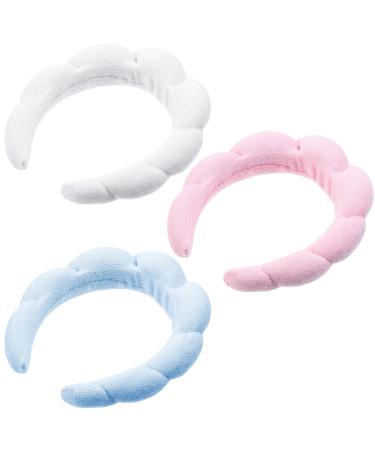 3 Pcs Makeup Headband Puffy Spa Headband Sponge Terry Towel Cloth Fabric Headbands for Women Cute Hair Accessories for Skincare Shower Face Washing Makeup Removal Facial Mask (Pink  White  Blue) Blue Pink White