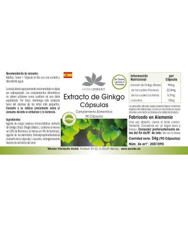 Extrait de Ginkgo Biloba 95mg - 90 G lules - V g tarien | Herba Direkt - Qualit des pharmacies allemandes - Buy Online on GoSupps.com