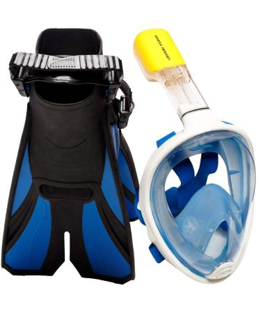 COZIA DESIGN Snorkel Set Adult - Full Face Snorkel Mask and Adjustable Swim Fins, 180 Panoramic View Scuba Mask, Anti Fog and Anti Leak Snorkeling Gear Mask S/M + Fins S/M Blue Mask + Blue Fins