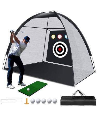 LYKD Golf Nets for Backyard Driving, 10x7ft Practice Net with 3 Chipping Targets, Portable Training Equipment, 1 Mat/ 5 Balls/ Tees/ Carry Bag, Indoor & Outdoor Game, Black