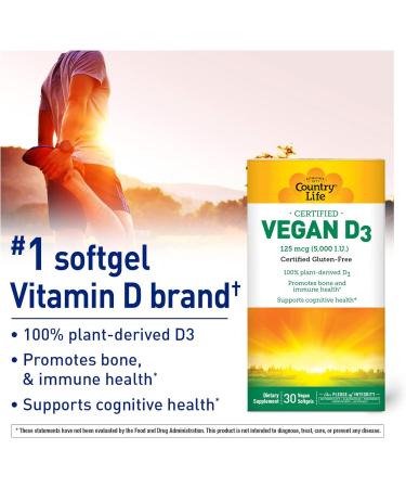 Country Life Vegan D3 5000 IU Plant-Derived Vitamin D3 from Lichen High Potency Immune & Bone Support Certified Vegan Gluten-Free Non-GMO 30 Softgels - Buy Online on GoSupps.com