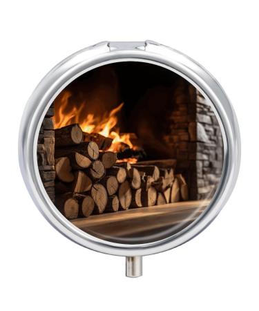 Pill Box Pill Case 3 Compartment Travel Pill Box Wood on Fireplace Printing Small Pill Box Portable Medicine Pill Case Pill Organizer for Purse & Pocket for Travel Handbag (Round)